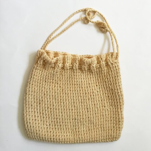 Handmade Crochet Knitted Cream Light Yellow Drawstring Square Bag Purse - Picture 2 of 3